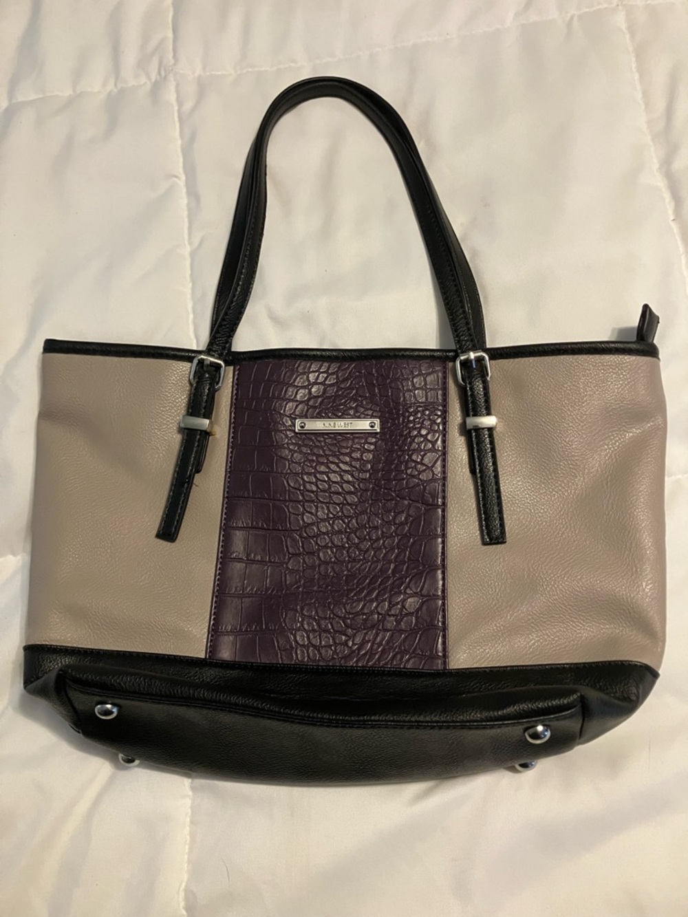 Nine West Tote Bag Croc Panel Colorblock Beige Black Shoulder Purse